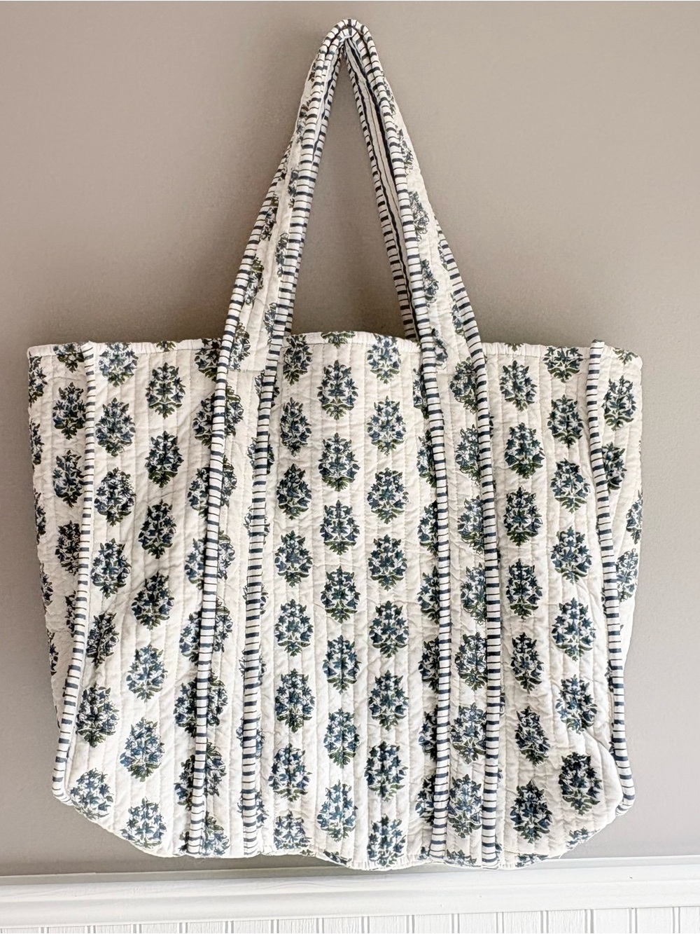 Mark and Graham white flower block print oversized quilted tote